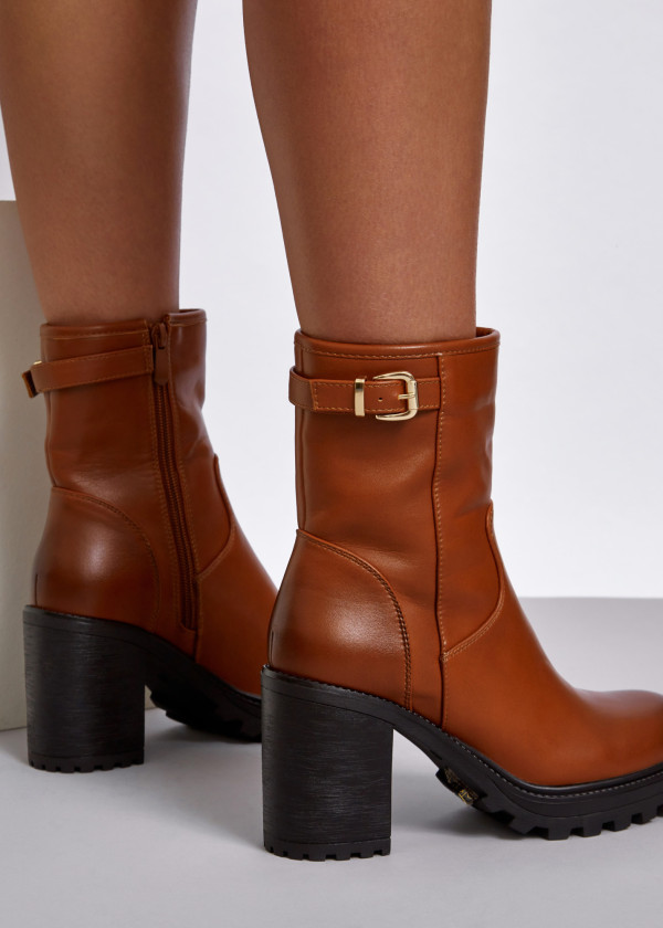 Brown tan buckle detail heeled midi boots 2