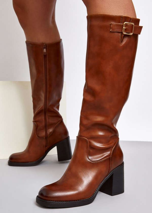 Brown tan buckle detail heeled knee high boots