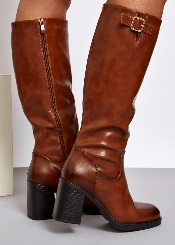 Brown tan buckle detail heeled knee high boots 2