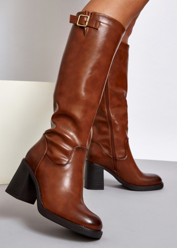 Brown tan buckle detail heeled knee high boots 1