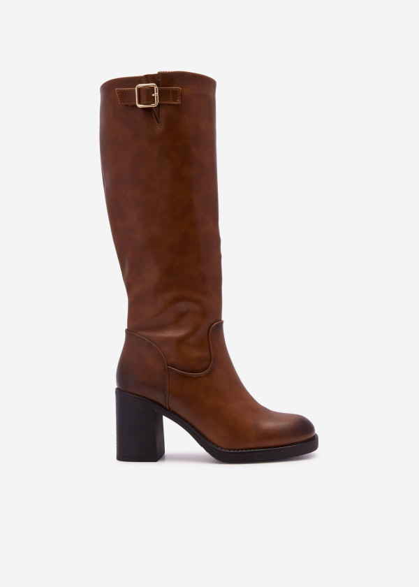 Brown tan buckle detail heeled knee high boots 3