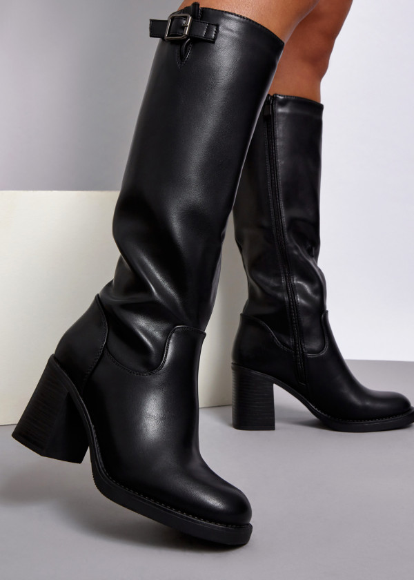 Black buckle detail heeled knee high boots
