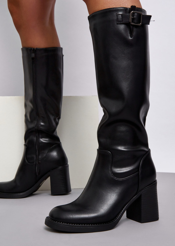 Black buckle detail heeled knee high boots 1