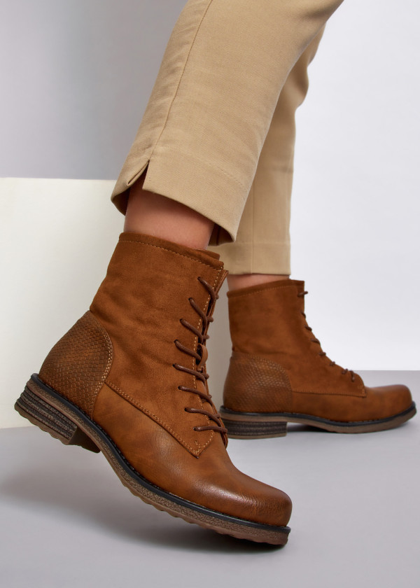 Brown tan rustic lace up ankle boots