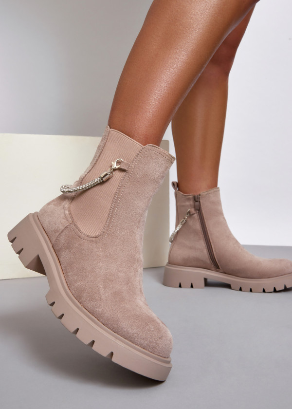 Khaki diamante clip strap chelsea boots 1