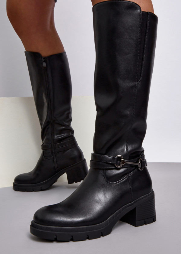 Black snaffle detail heeled knee high boots