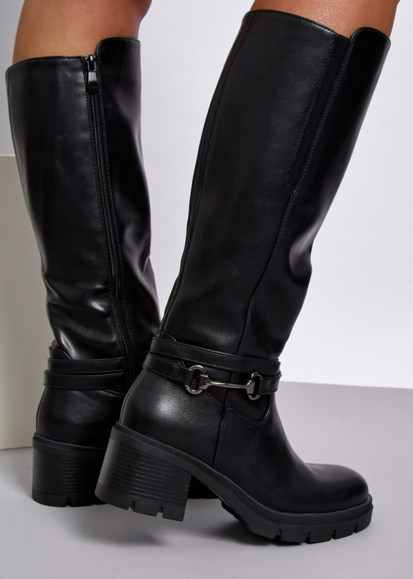 Black snaffle detail heeled knee high boots 2