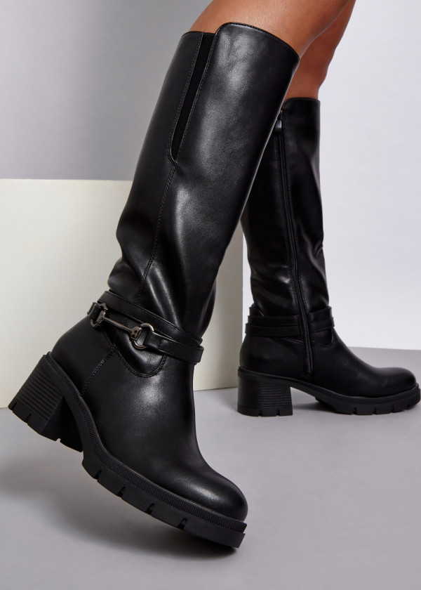 Black snaffle detail heeled knee high boots 1