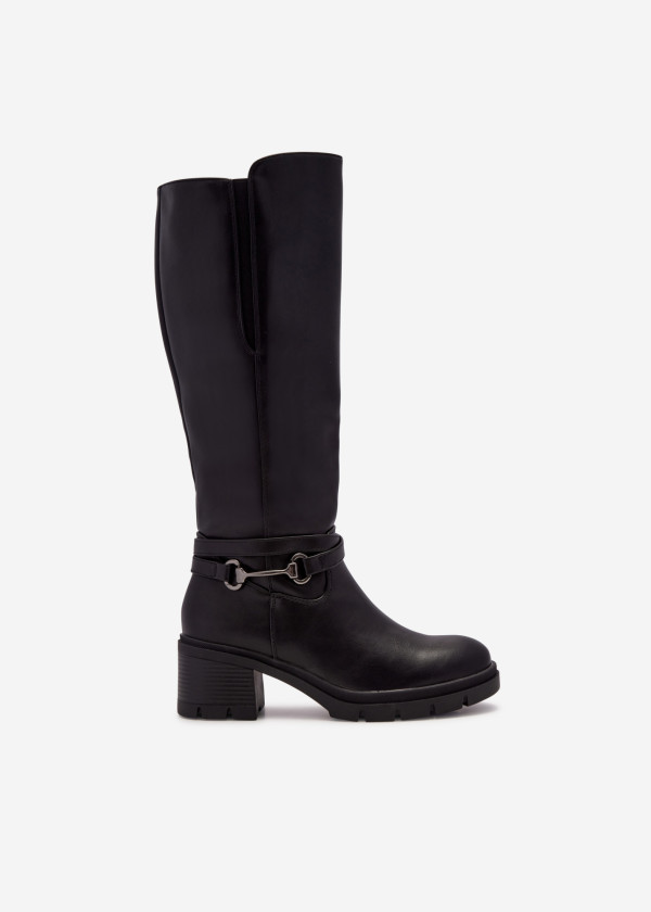 Black snaffle detail heeled knee high boots 3