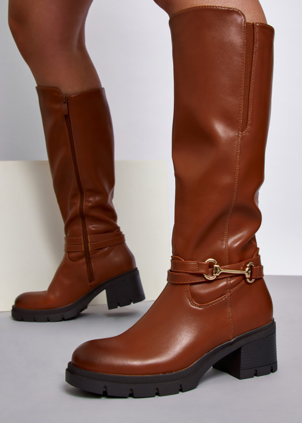 Brown tan snaffle detail heeled knee high boots