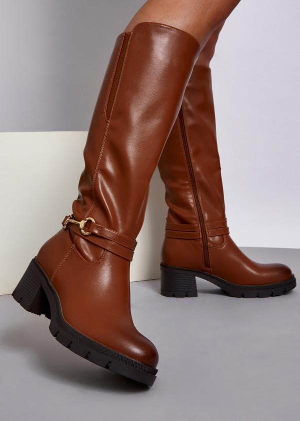 Brown tan snaffle detail heeled knee high boots 1