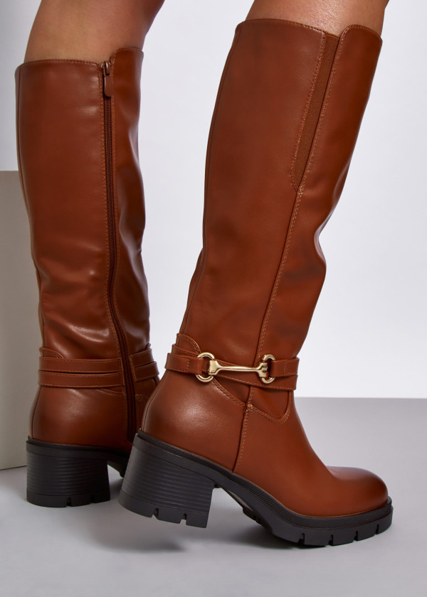 Brown tan snaffle detail heeled knee high boots 2