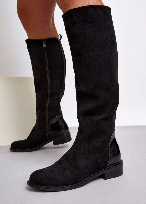 Black two toned flat knee high boots