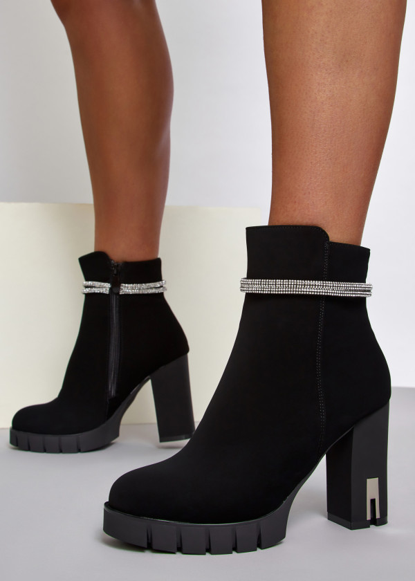 Black diamante strap detail heeled ankle boots 1