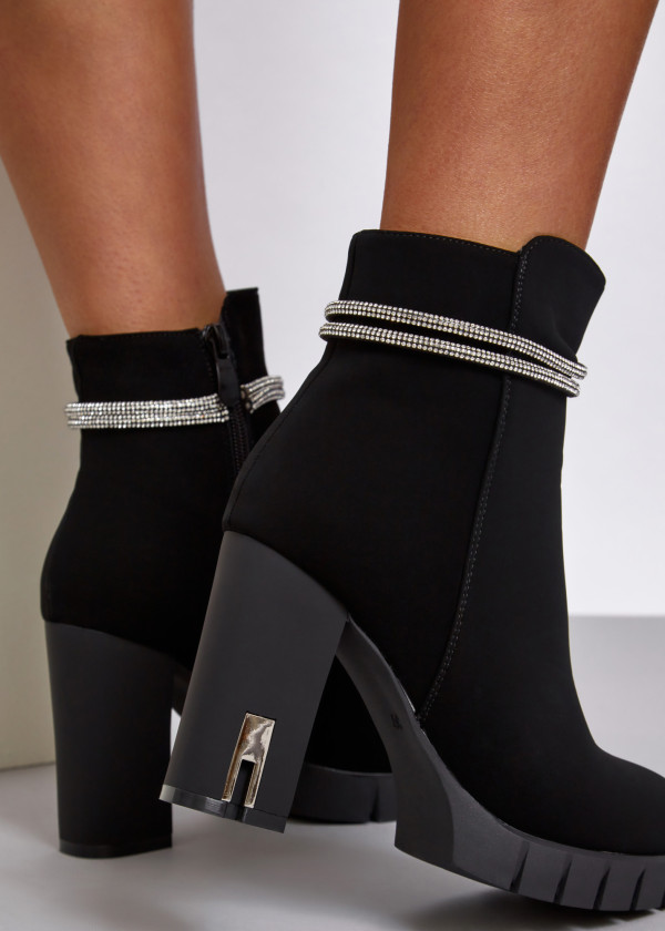 Black diamante strap detail heeled ankle boots 2