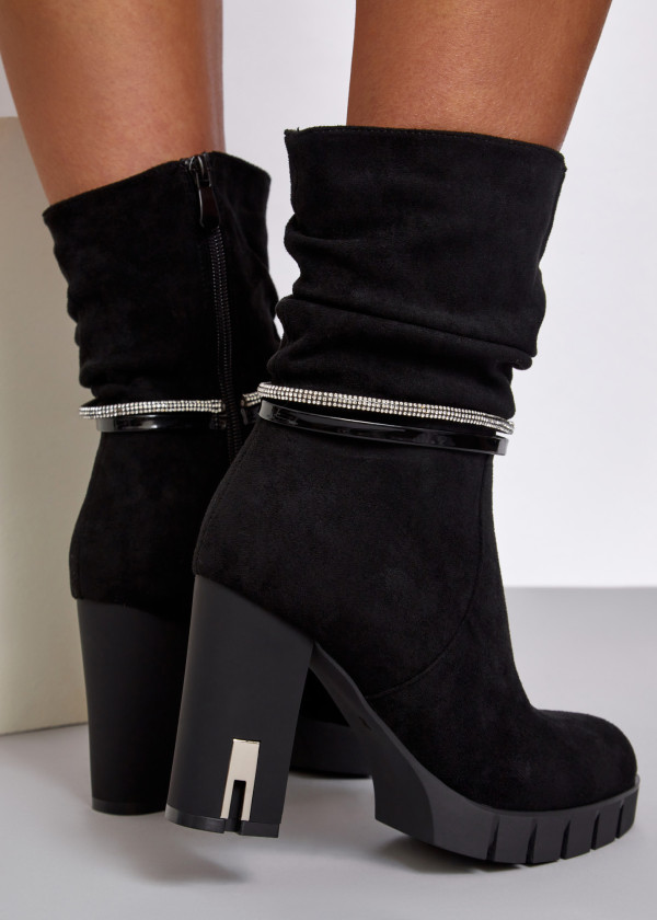 Black diamante strap detail heeled midi boots 2