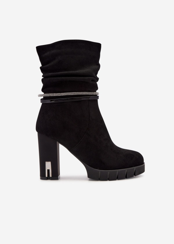 Black diamante strap detail heeled midi boots 3