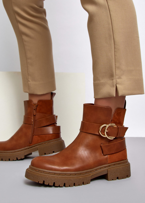 Brown tan buckle detail ankle boots