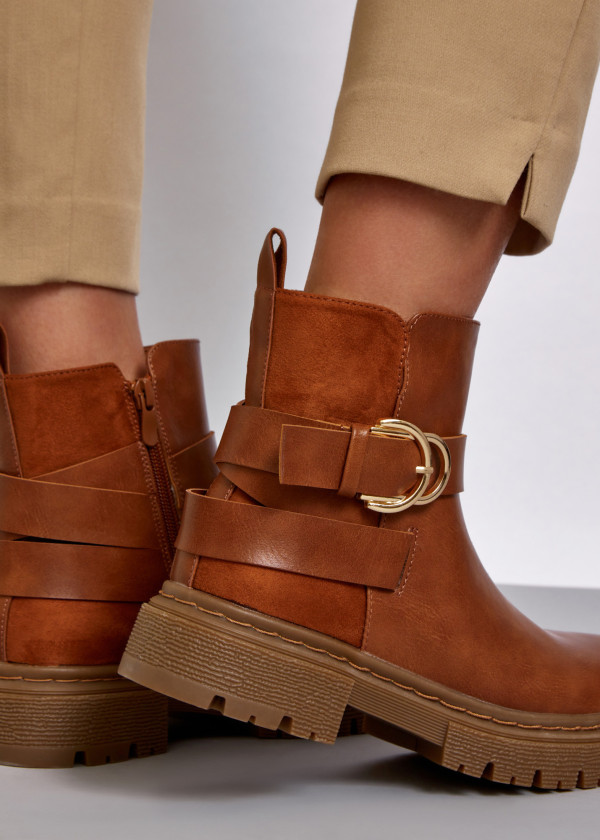 Brown tan buckle detail ankle boots 1
