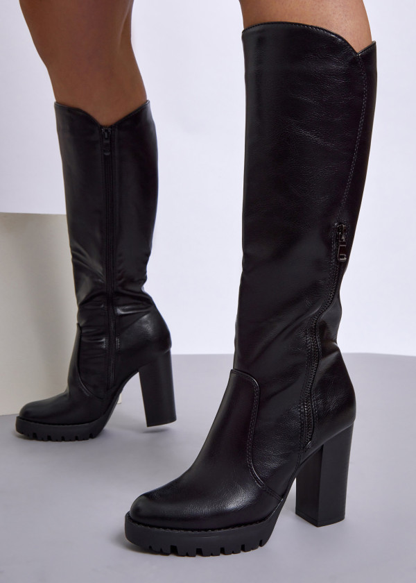 Black zip detail heeled knee high boots