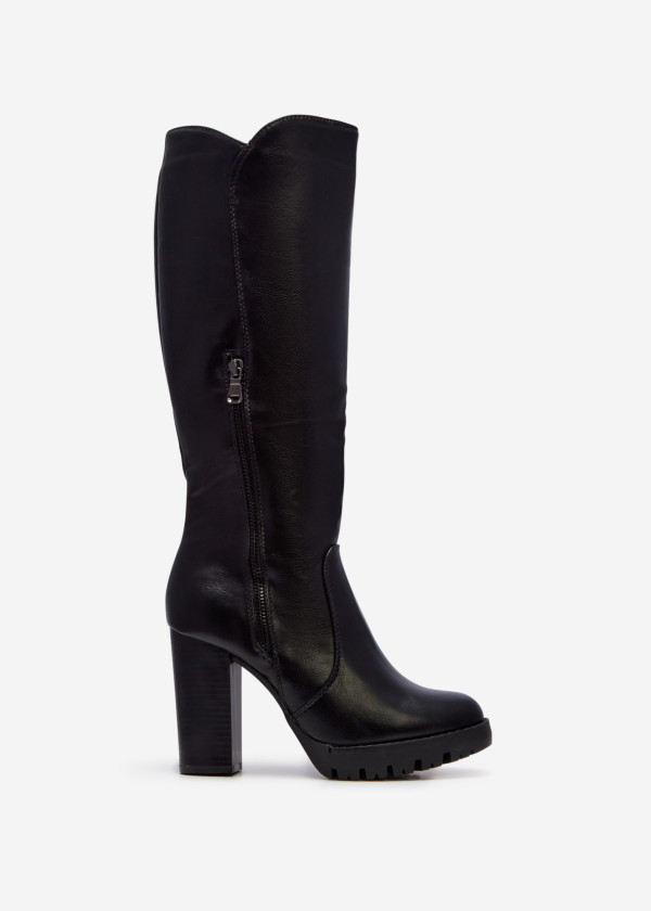 Black zip detail heeled knee high boots 3