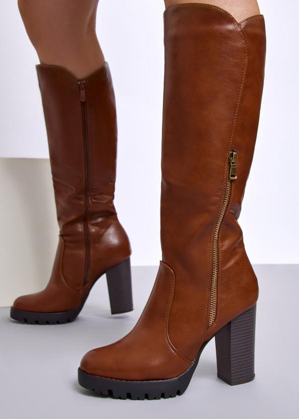 Brown tan zip detail heeled knee high boots