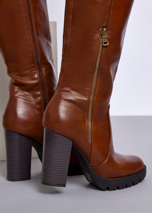 Brown tan zip detail heeled knee high boots 2