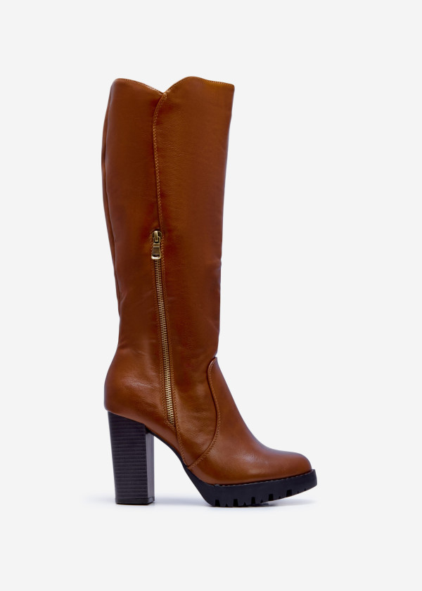 Brown tan zip detail heeled knee high boots 3