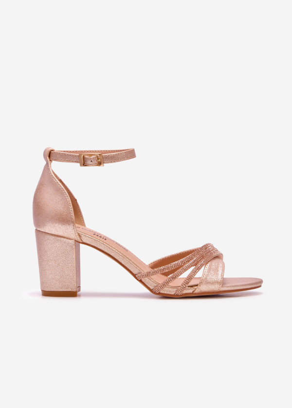 Rose gold glitter diamante strap detail heeled sandals 3