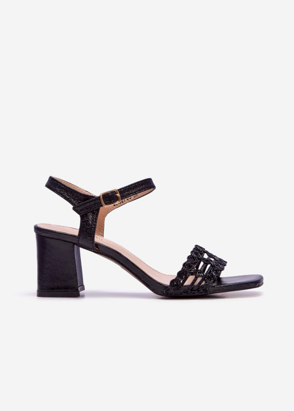 Black patterned detail block heel sandals 3