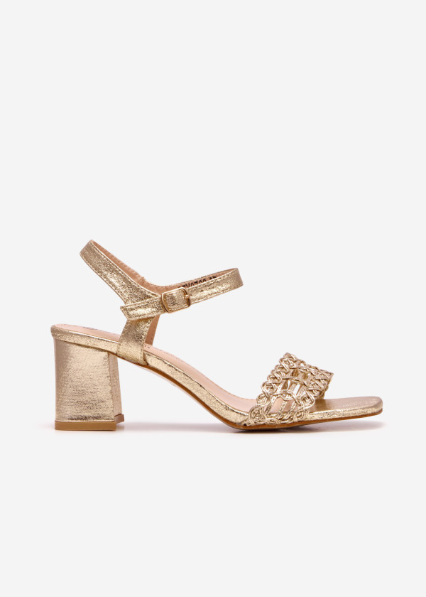 Gold patterned detail block heel sandals 2