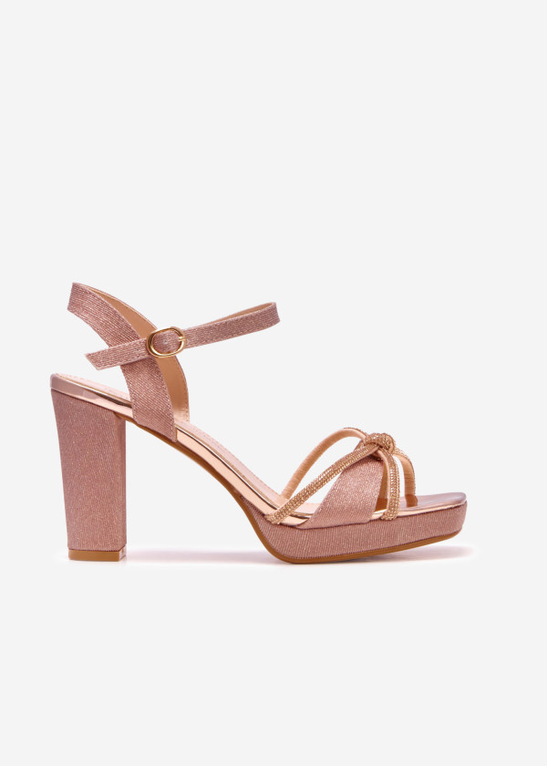 Rose gold diamante knot detail platform heeled sandals 3