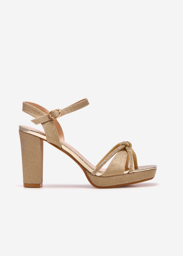 Gold diamante knot detail platform heeled sandals 3
