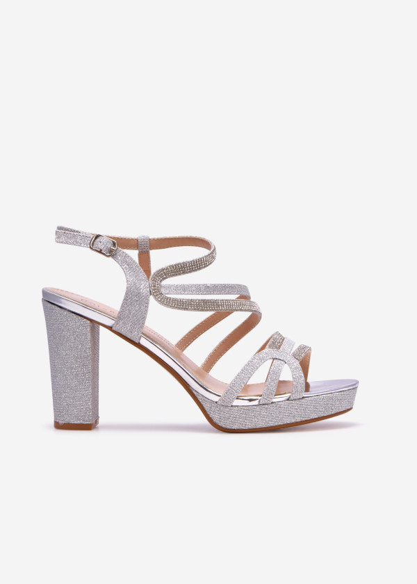 Silver strappy diamante platform heeled sandals 3