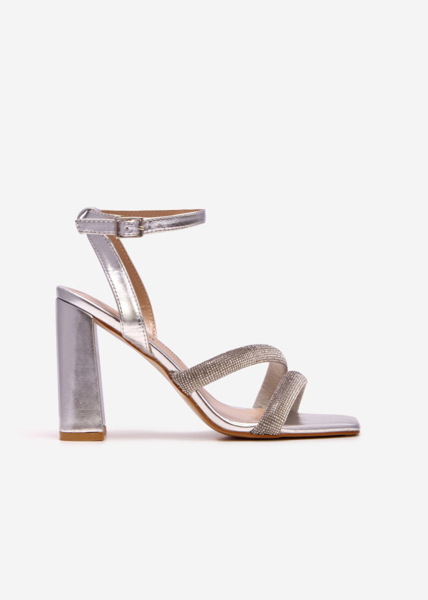 Silver diamante strappy block heeled sandals 3