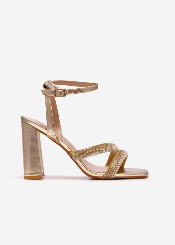 Gold diamante strappy block heeled sandals 3