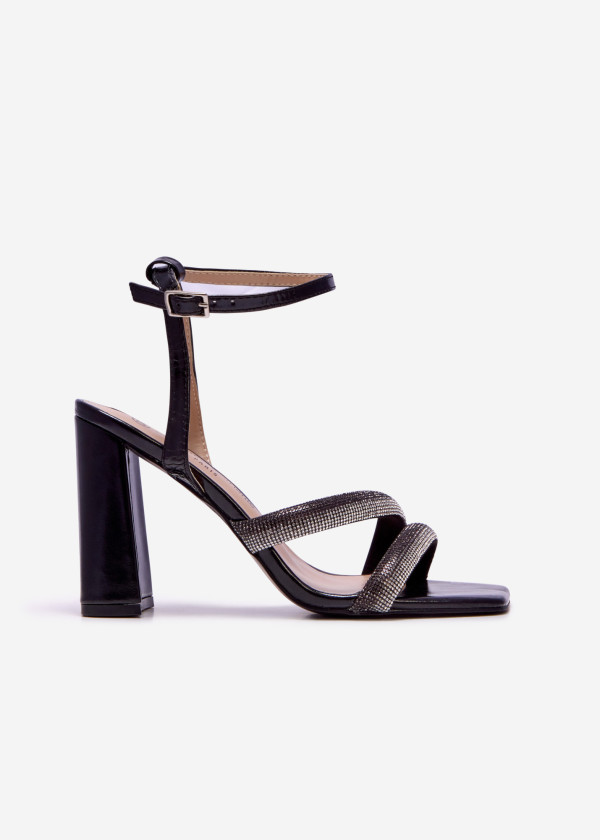 Black diamante strappy block heeled sandals 3