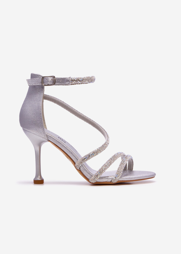Silver strappy diamante platform heeled sandals 3