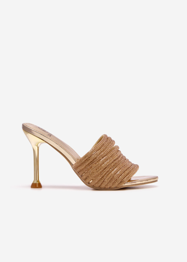 Gold diamante multi-strapped heeled mules 2