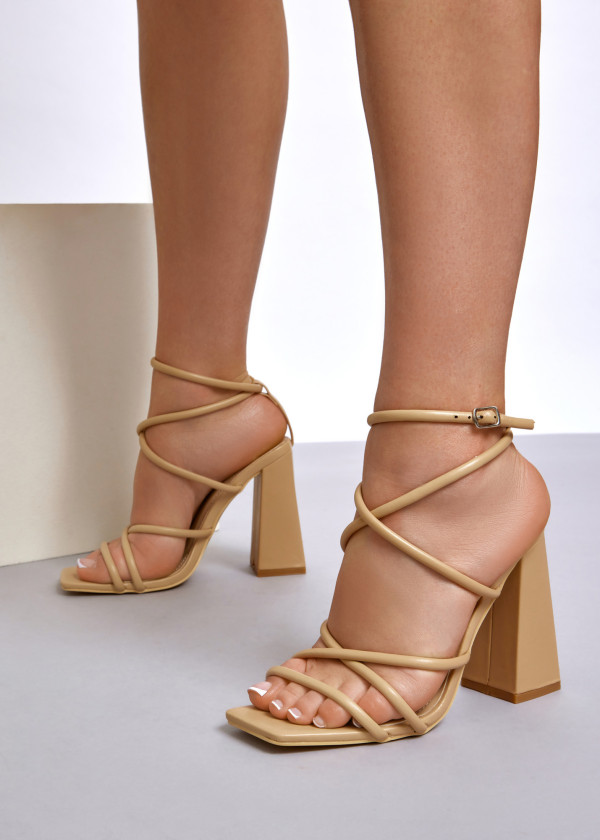 Nude strappy block heeled sandal 1