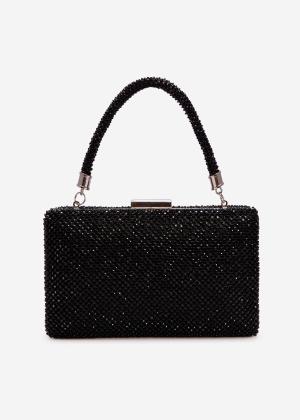 Black diamante embellished mesh clutch bag