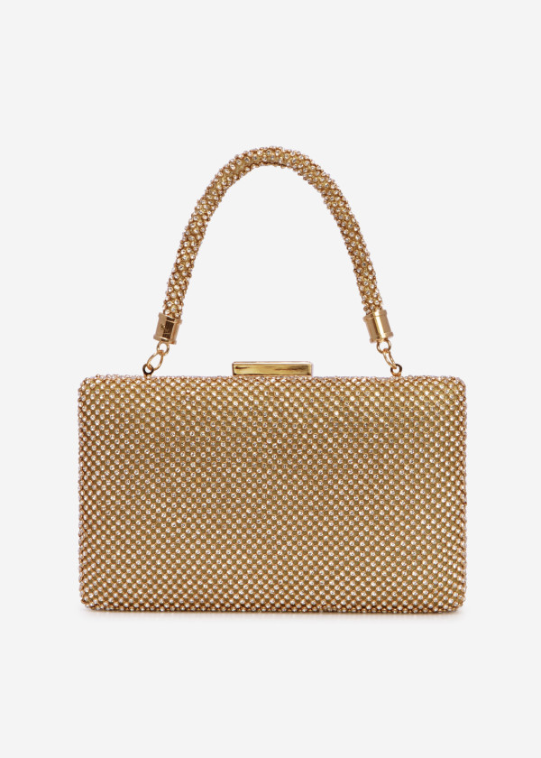 Gold diamante embellished mesh clutch bag