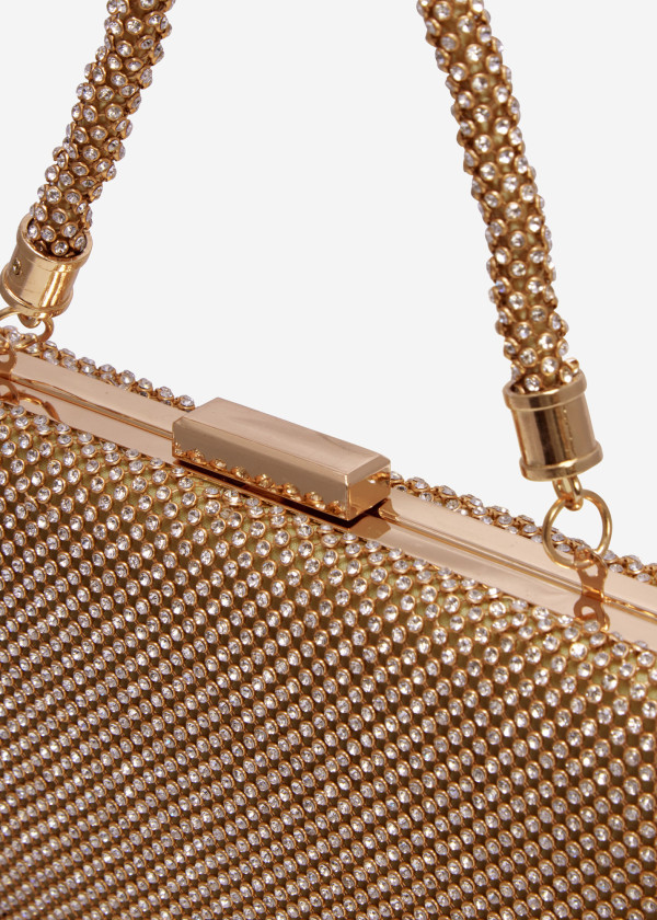 Gold diamante embellished mesh clutch bag 1