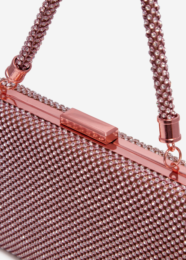 Rose gold diamante embellished mesh clutch bag 3