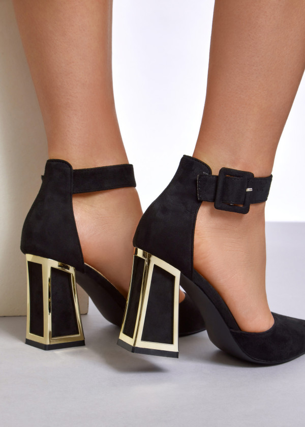 Black suede block heeled court shoe 1