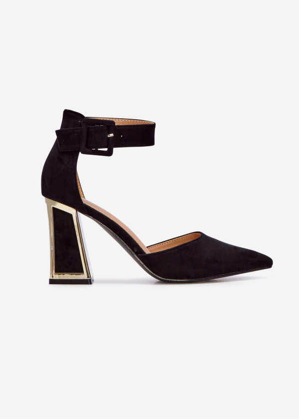 Black suede block heeled court shoe 3