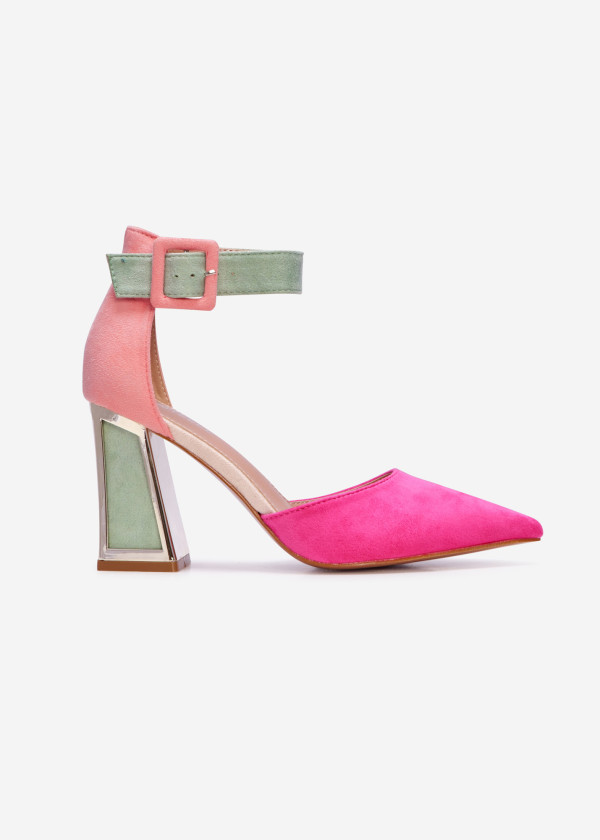 Fuchsia suede block heeled court shoe 1