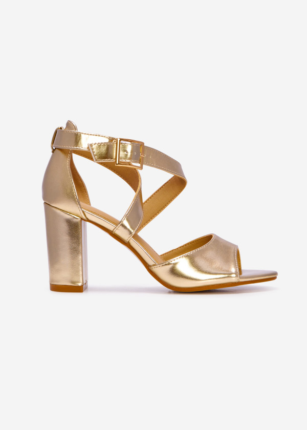 Gold cross strap block heeled sandals 3