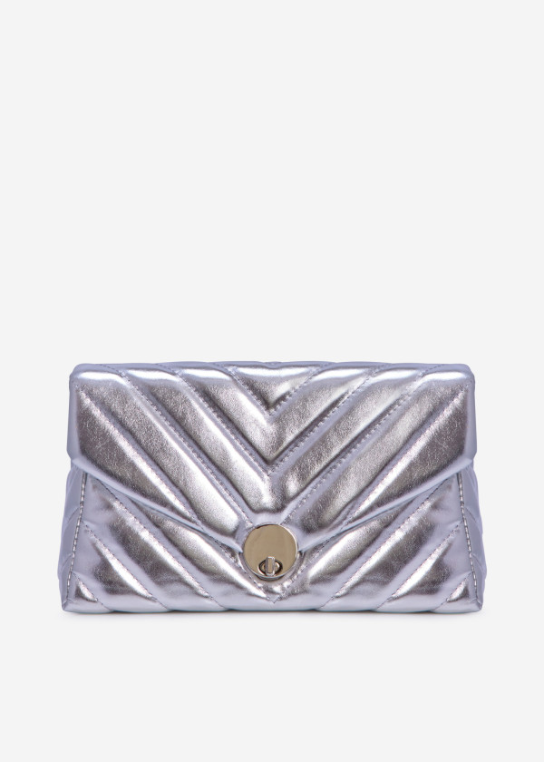 Silver quilted puffer clutch bag