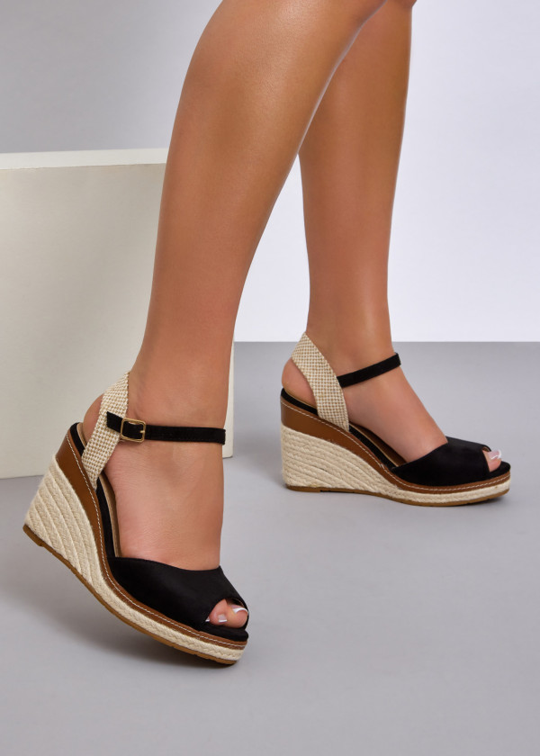 Black peep-toe espadrille wedged sandals